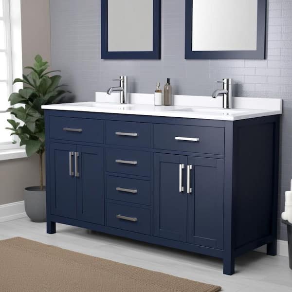 Beckett 60 in. W x 22 in. D x 35 in. H Double Sink Bathroom Vanity in Dark Blue with White Cultured Marble Top
