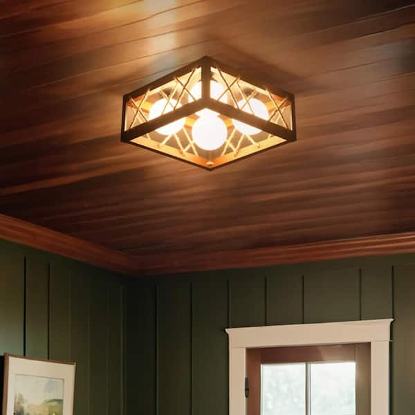 TOZING 16 in. 25-Watt Farmhouse Rustic Square Wood Dimmable LED Flush Mount Ceiling Light with Acrylic Shatterproof Shade