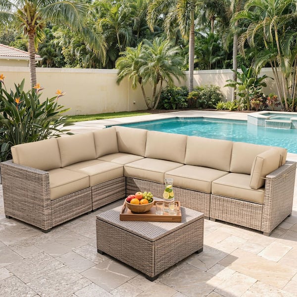 14-Piece 5 in. Outdoor Patio Cushions Water-Resistant Replacement Cushions for 6-Seat Rattan Sectional Sofa Sand