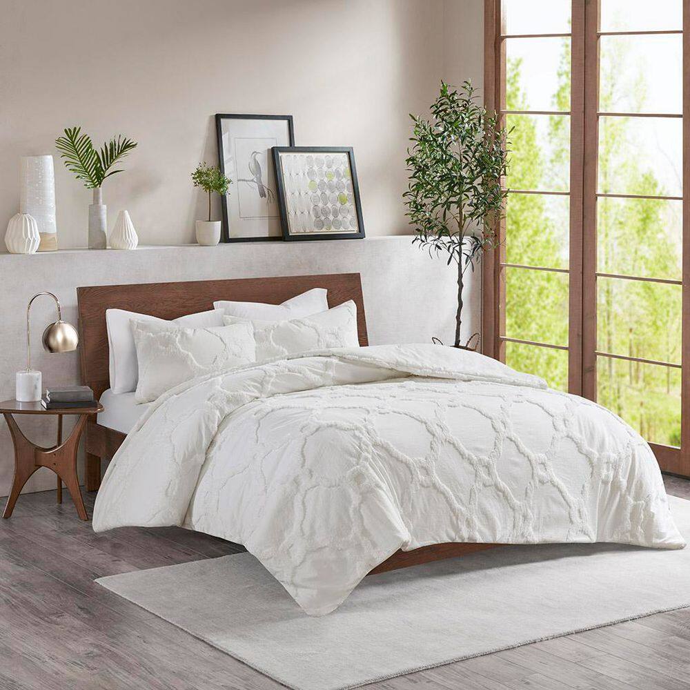 Full/Queen Off-White Cotton Chenille Duvet Cover Set