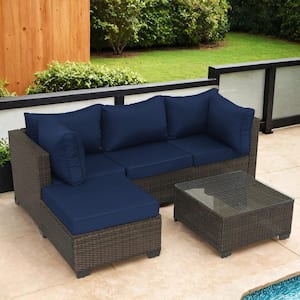 5-Piece Brown Wicker Outdoor Sectional Set with Dark Blue Cushions and Coffee Table
