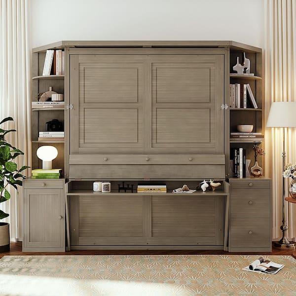 Light-Distressed Gray Wood Frame Queen Space-Saving Home Office Murphy Bed with Desk, Storage Shelves, Cabinets, Lights