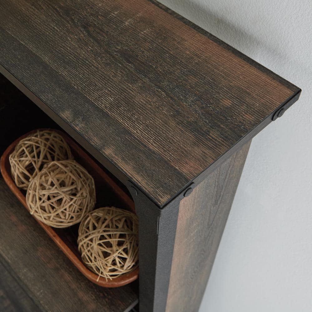 Carbon Oak Industrial Computer Desk Hutch with Metal Frame