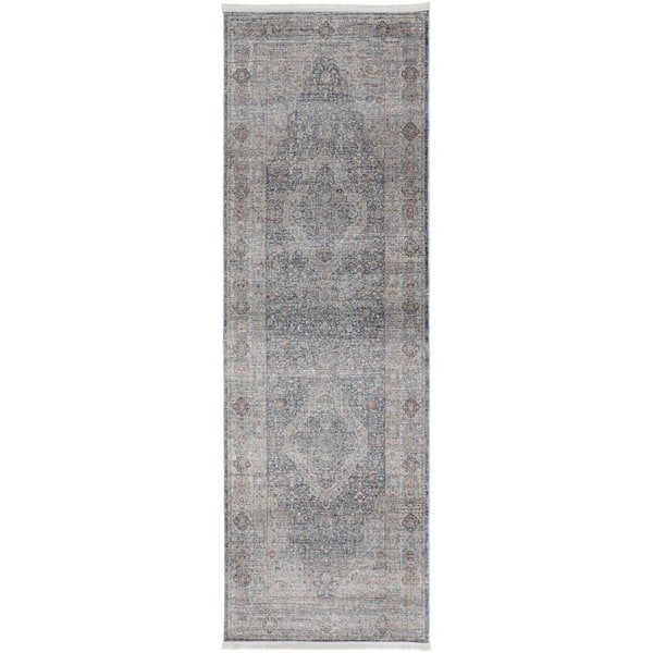 2 ft. x 12 ft. Gray, Blue, Red Oriental Runner Rug