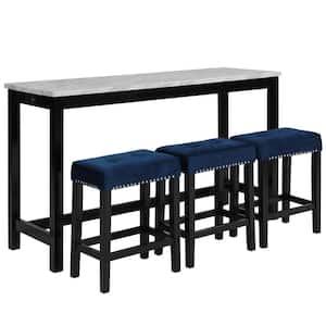 Blue Kate 60 in. 4-Piece Wooden Top Bar Table Set with Upholstered Stools