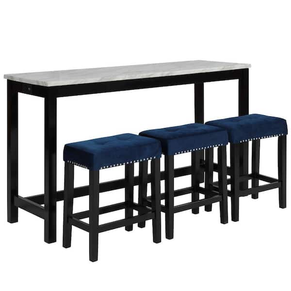 Benjara Blue Kate 60 in. 4-Piece Wooden Top Bar Table Set with Upholstered Stools