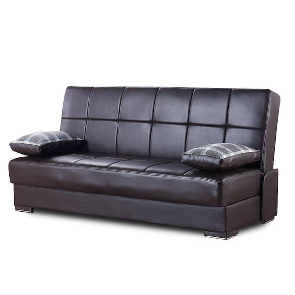 Ottomanson Alcove Collection Convertible 75 in. Brown Faux Leather 3-Seater Twin Sleeper Sofa Bed with Storage