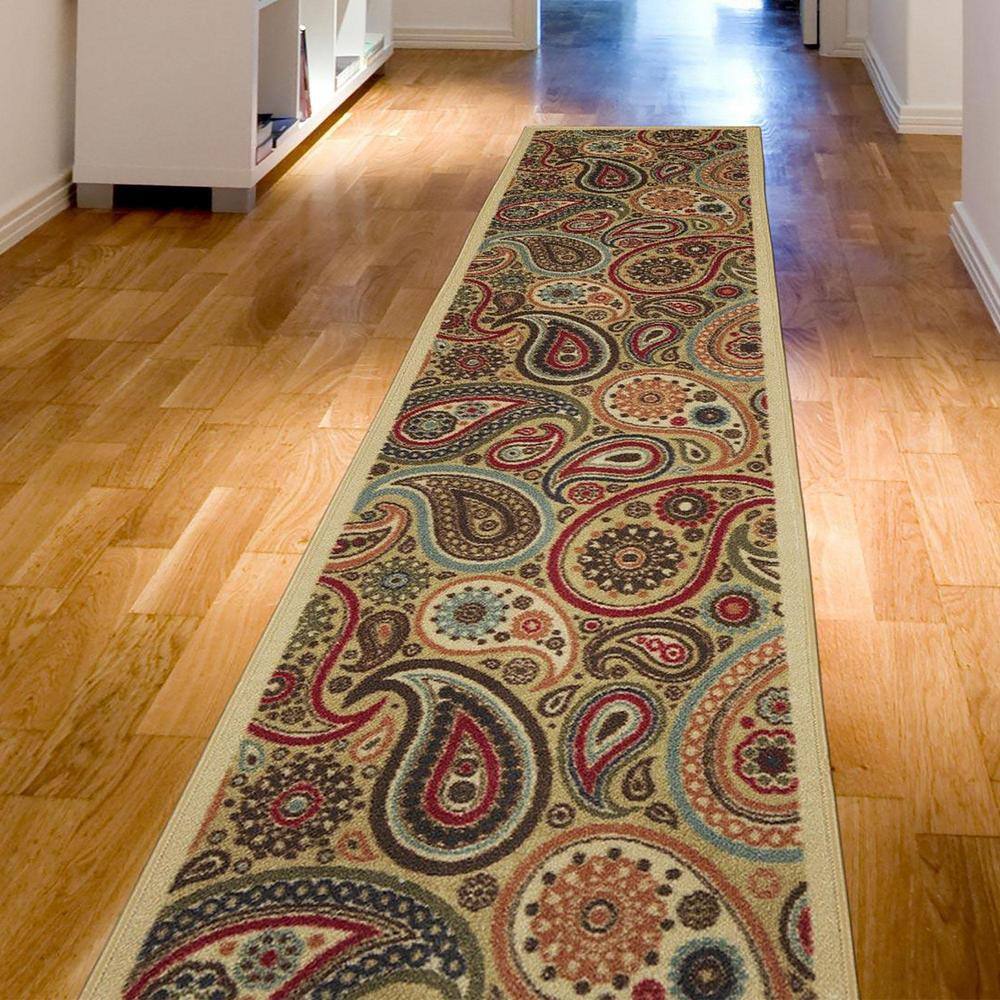Contemporary Red and Beige Paisley Runner Rug with Non-Slip Backing