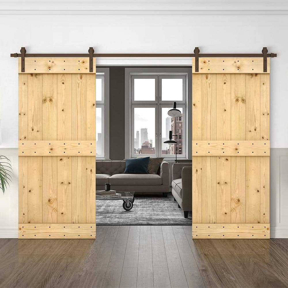 Calhome 64" x 84" Natural Solid Wood Double Barn Door with Oil-Rubbed Bronze Hardware