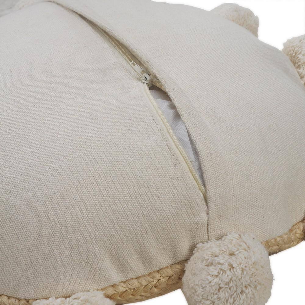 Round Natural Jute Throw Pillow with Pom Pom Border