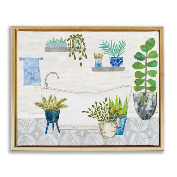 Stupell Industries Rustic Botanical Bathroom by Courtney Prahl Gold Floater Frame Architecture Graphic Art Print 25 in. x 31 in.