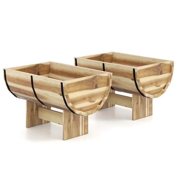 Rustic Half Barrel Planters Wooden Flower Boxes with Acacia Wood Frame (2-Pack)