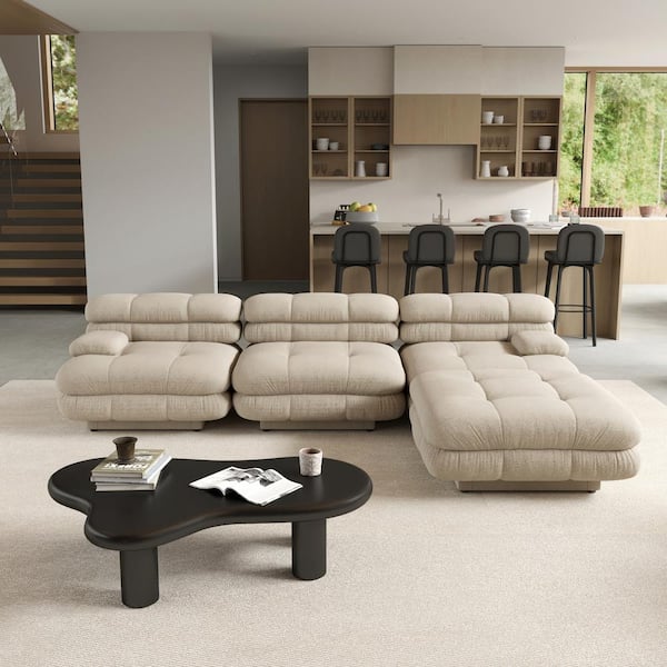 Magic Home Vintage 109 in. Square Arm 4-Piece Velvet Curved Soriana Sectional Sofa with Ottoman in Light Brown