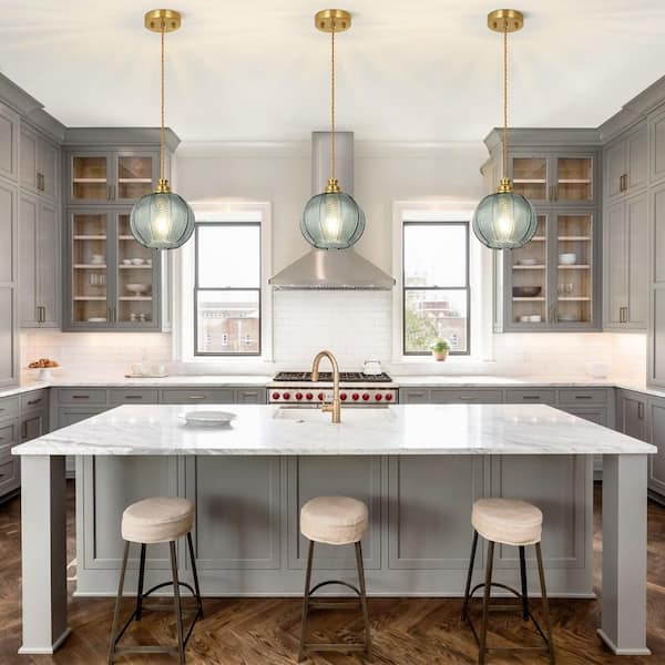 Jasslynn 40-Watt 1 Light Green Pendant Light with Ribbed Glass Shade for Kitchen Island, Dining Room, No Bulbs Included