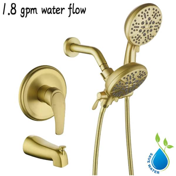 UKISHIRO Single-Handle 7-Spray Patterns 1.8 GPM 4.72 in. Wall Mount Dual Shower Heads with Pop up Diverter Spout in Brushed Gold
