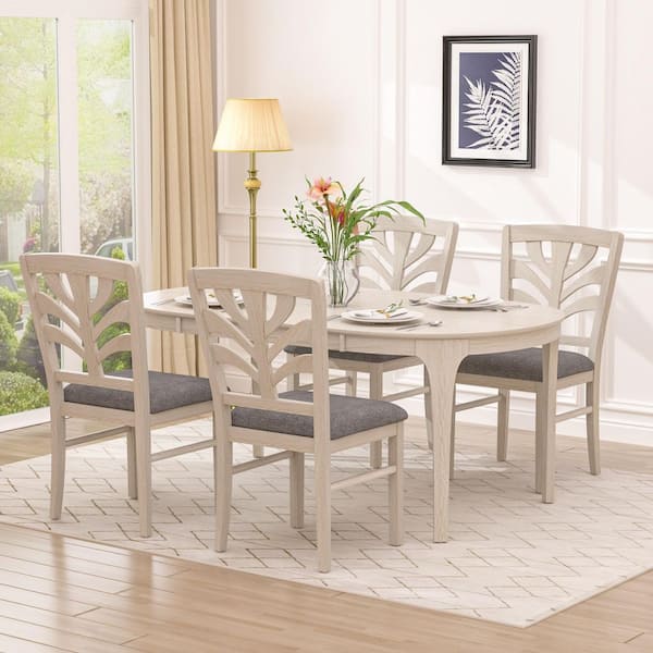 Farmhouse Wood Top Oval Dining Table Set with Upholstered Chairs – 5 Piece Gray Kitchen Set for 4