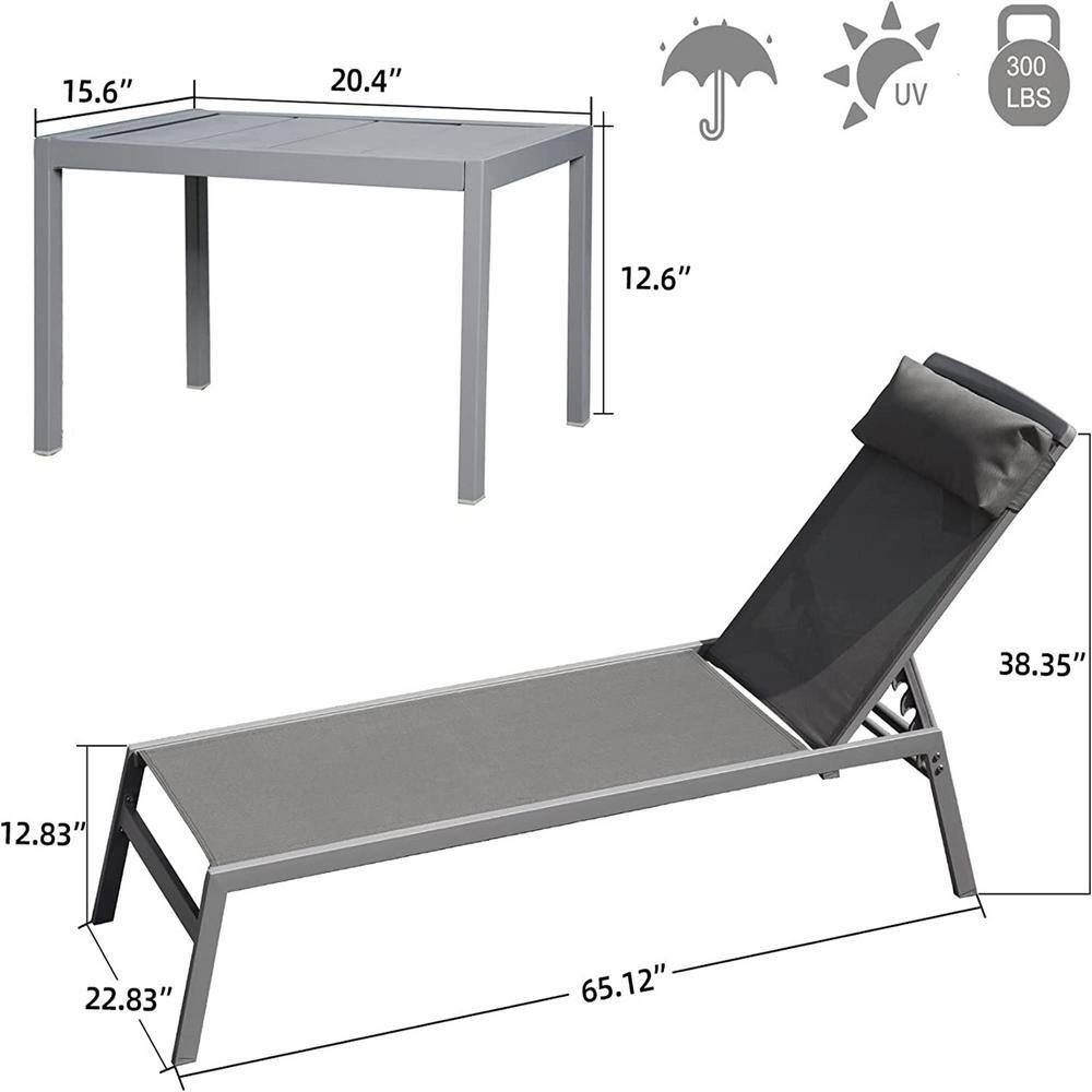 Gray Aluminum Armless Outdoor Lounge Chair Set with Table