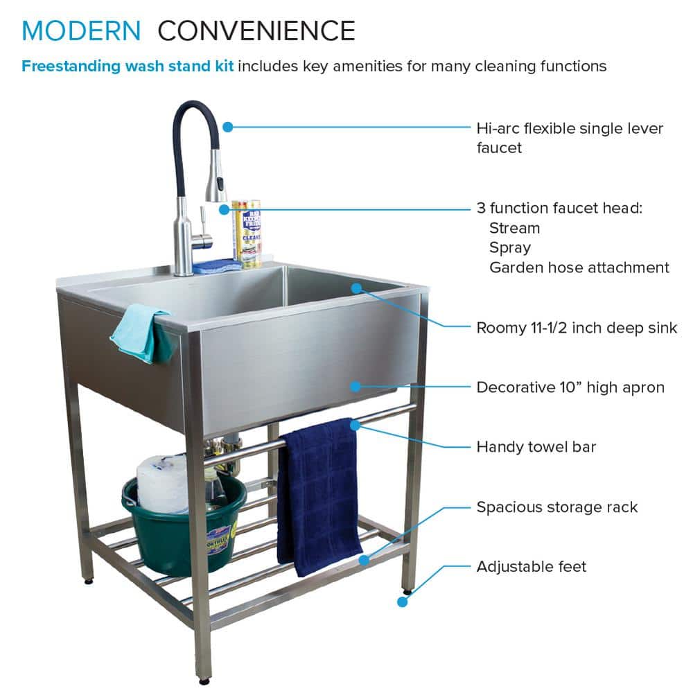 Brushed Satin Stainless Steel Farmhouse Laundry Sink with Wash Stand