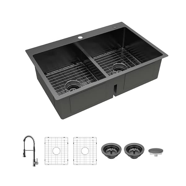 Glacier Bay 33 in. Drop-In Double Bowl 18-Gauge Gunmetal Black