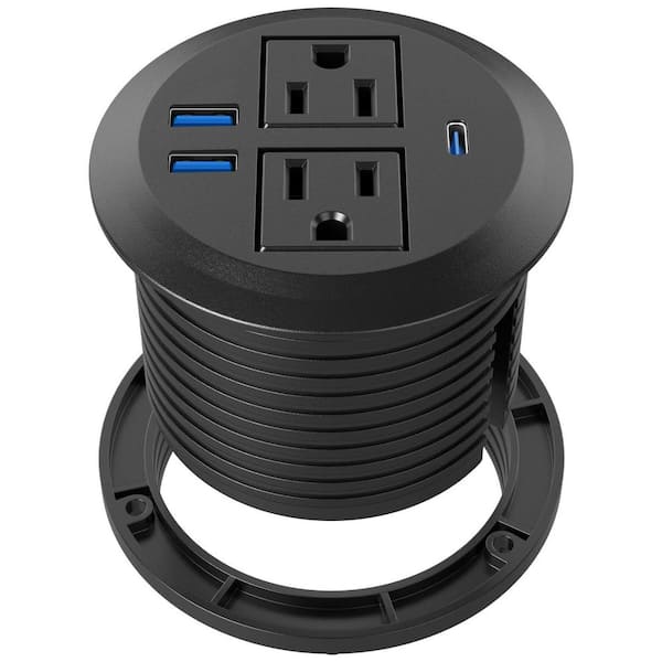 2-Outlets, 2 USB-A, 1 USB-C, 20W Fast Charging, Flush-Mount For Workspace Essential Desk, Desktop, Black, 1-Pack
