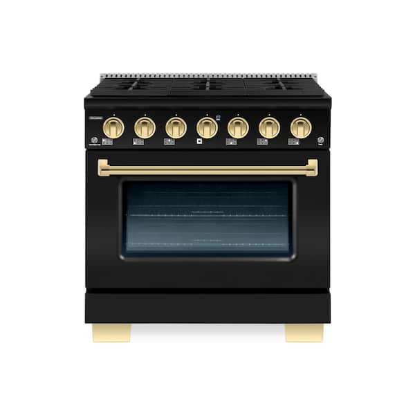Hallman BOLD 36" 5.2CuFt. 6 Burner Freestanding Dual Fuel Range with Gas Stove and Electric Oven, Matte Graphite with Brass Trim