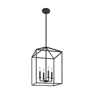 Perryton Medium 15.5 in. 4-Light Smooth Midnight Matte Black Modern Transitional Pendant with Dimmable LED Bulbs