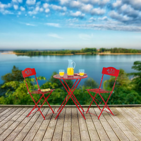 Red 3-Piece Iron Indoor/Outdoor Bistro Set Folding Table and Chairs Patio Seating