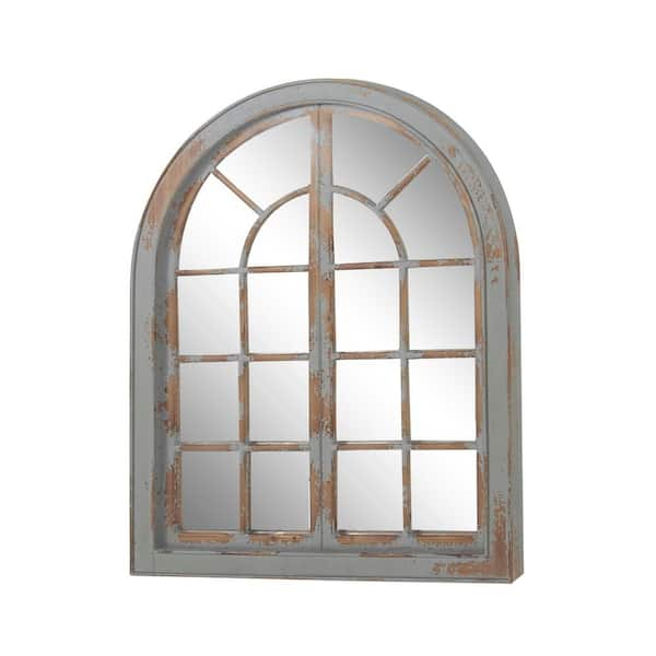 48 in. x 37 in. Window Pane Inspired Arched Framed Gray Wall Mirror with Arched Top and Distressing