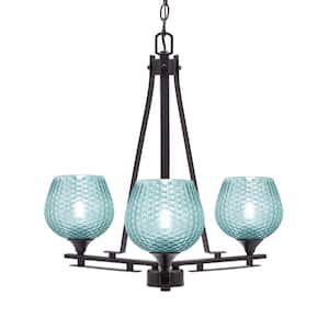 Ontario 19.25 in. 3-Light Dark Granite Geometric Chandelier for Dinning Room with Turquoise Shade No Bulbs Included