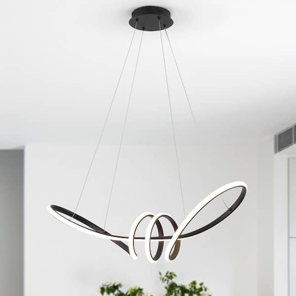 LWYTJO 40-Watt 1-Light Black Modern Linear Geometric Integrated LED Chandelier Creative Design Unique Ceiling Hanging Light