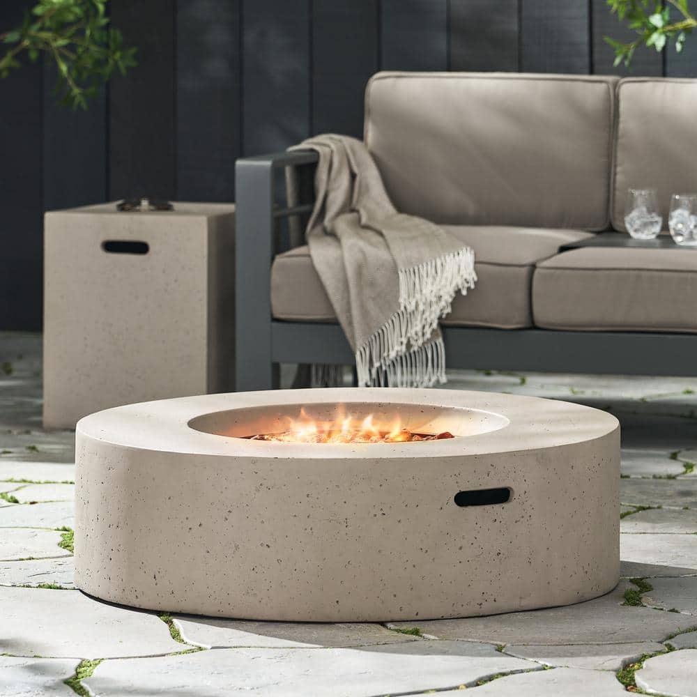 Light Gray Round Concrete Gas Fire Pit Table with Tank Holder