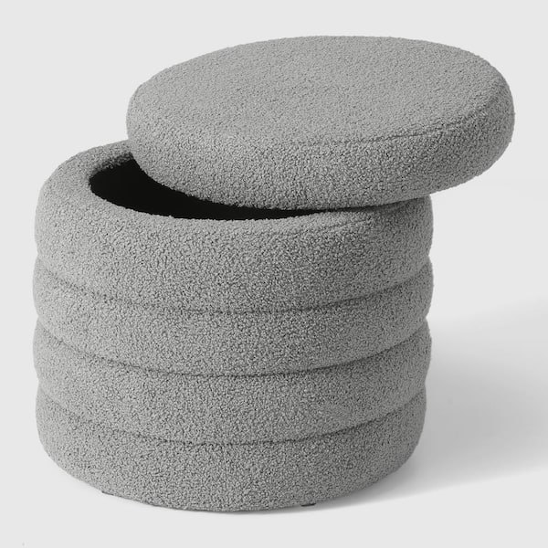 Bayville Modern 16 in. Tall Sherpa Fabric Tufted Round Storage Ottoman in Light Gray