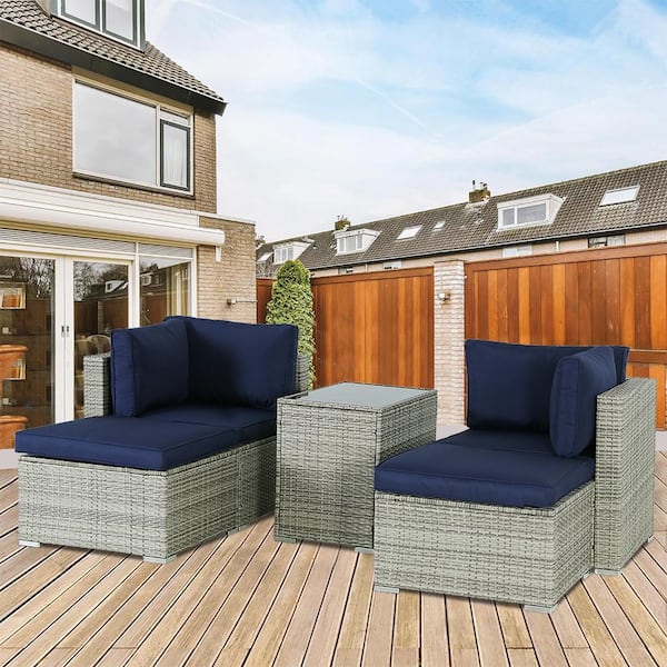 Unbranded Gray 5-Piece Patio Sectional Wicker Rattan Outdoor Arms Sofa with Coffee Table with Blue Cushions