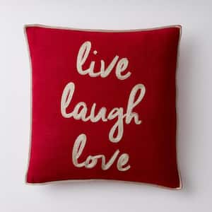 Live, Laugh, Love Red Graphic Embroidered Decorative 18 in. Square Pillow Cover