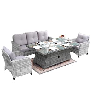 Irene Gray 5-Piece Wicker Patio Fire Pit Conversation Set with Gray Cushions and Side Table