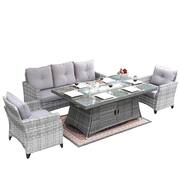 Irene Gray 5-Piece Wicker Patio Fire Pit Conversation Set with Gray Cushions and Side Table