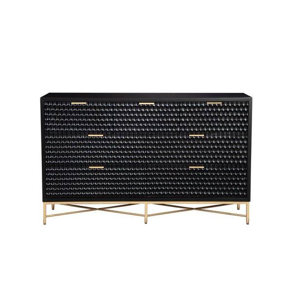 Benjara Gold 7-Drawer Black Mahogany Wood Dresser with Honeycomb Pattern