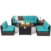 7-Pieces Patio Rattan Furniture Set 42 in. Fire Pit Table with Cover Cushioned Turquoise