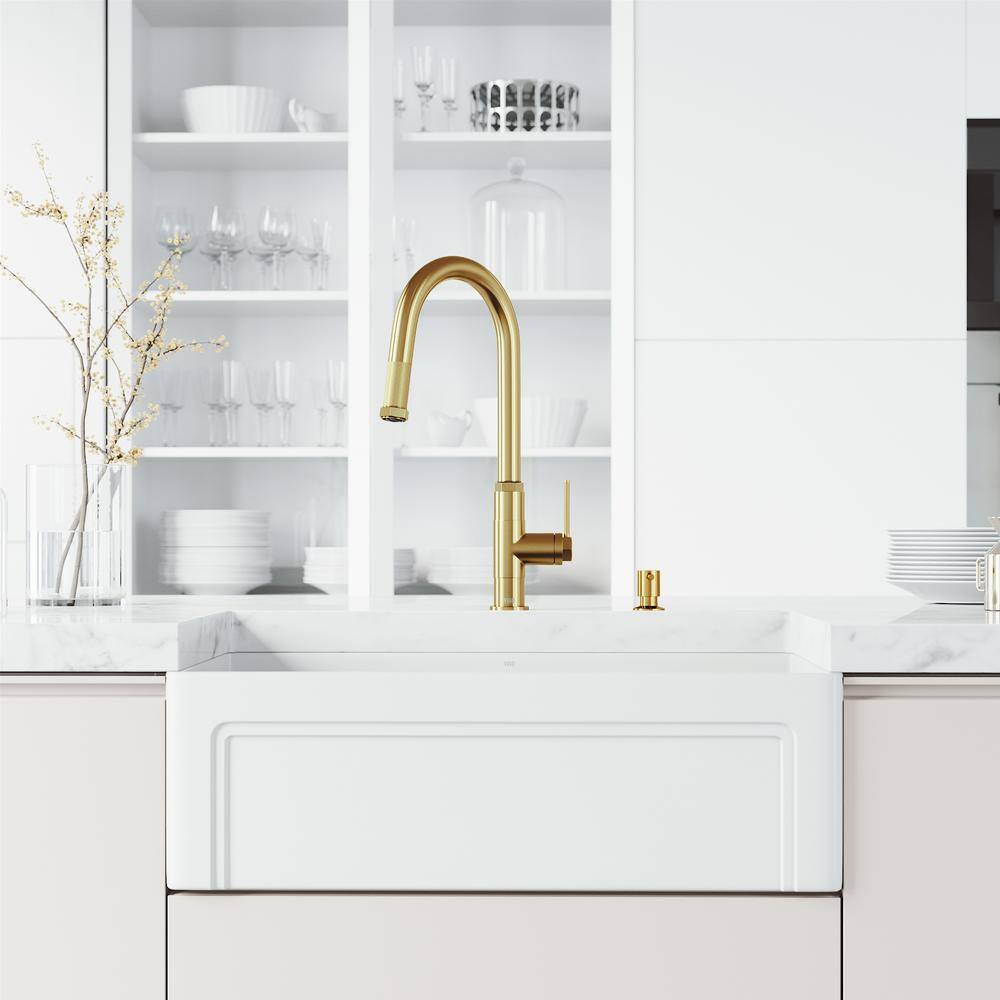 Matte Brushed Gold 18" Stainless Steel Pull-Down Kitchen Faucet with Soap Dispenser