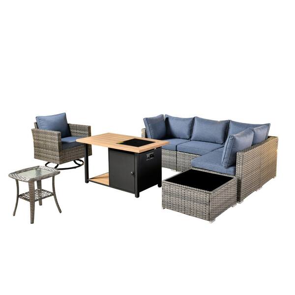 Sanibel Gray 8-Piece Wicker Patio Conversation Sofa Set with a Swivel Chair, a Storage Fire Pit and Denim Blue Cushions