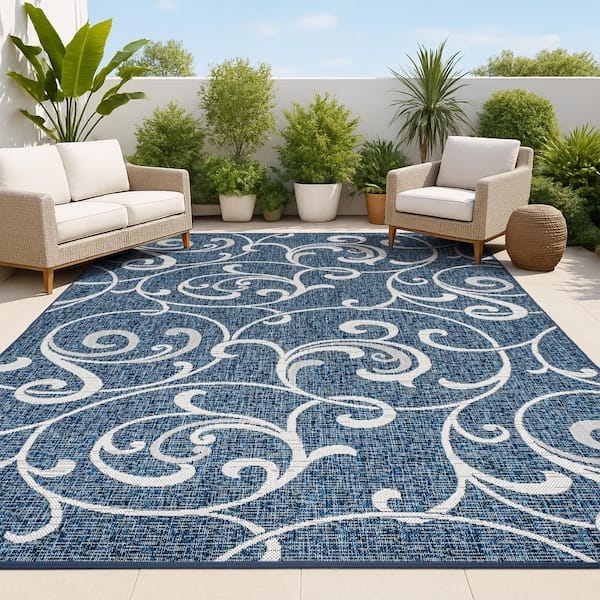 JONATHAN Y Maribel Traditional Classic All-Over Scroll Navy/Cream 3 ft. x 5 ft. Indoor/Outdoor Area Rug
