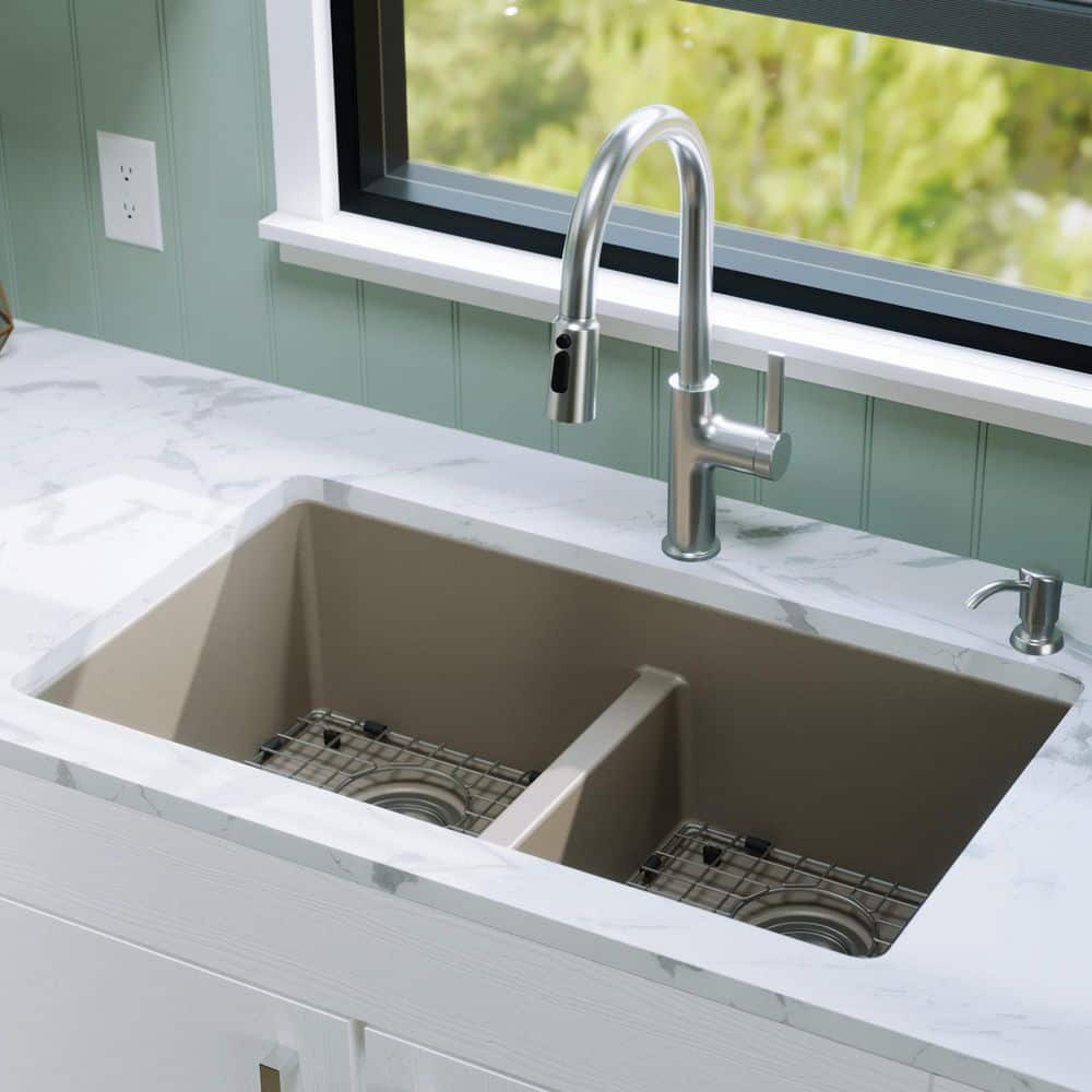 QU-810 Quartz/Granite 32 in. Double Bowl 50/50 Undermount Kitchen Sink in Concrete with Bottom Grid and Strainer price history on PriceWatchPro