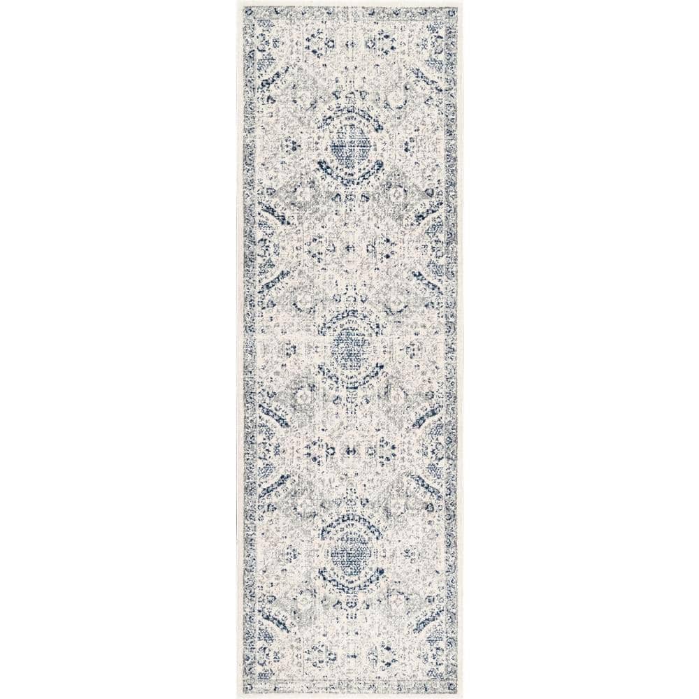 Blue and Gray Synthetic Reversible Vintage Runner Rug