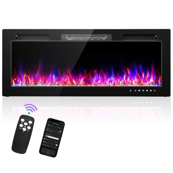 50 in. Wall Mount / Recessed 12-Color Flames Electric Fireplace with Remote Control in Black