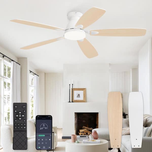 52 in. Indoor White Dimmable Flush Mount Standard Ceiling Fan with Integrated LED Light and Remote Control Included