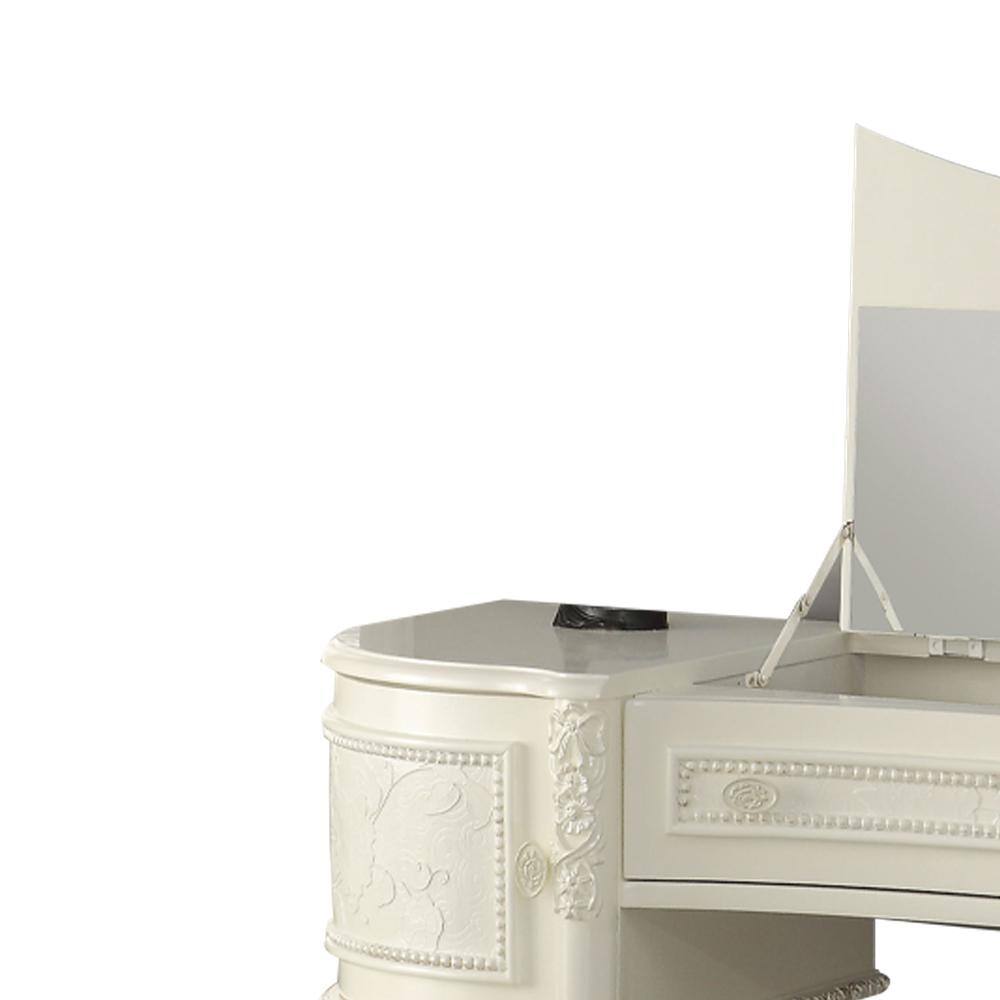 Ivory Pine Wood Vanity Desk with Mirror and Floral Trim