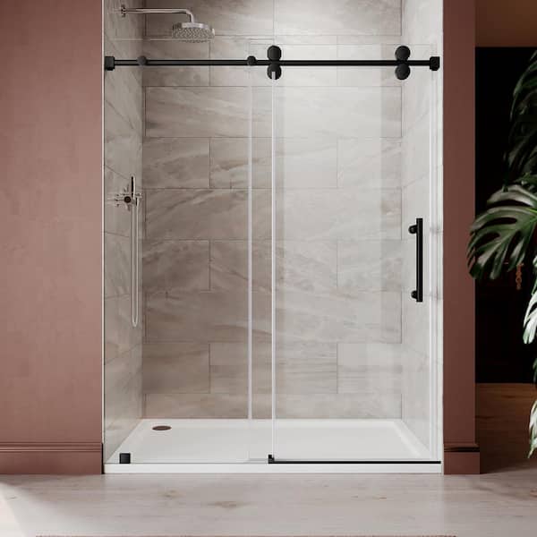 UKS04 66 to 72 in. W x 76 in. H Sliding Frameless Shower Door in Matte Black, EnduroShield 3/8 in. SGCC Clear Glass