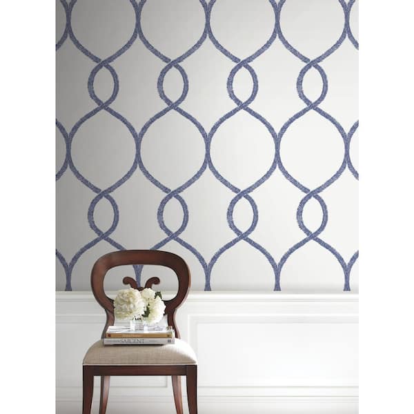 Ronald Redding Navy Laurel Leaf Ogee Paper Unpasted Matte Wallpaper (27 in. x 27 ft.)