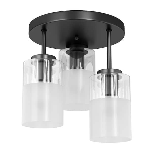 Sonoma11. 5 in.-3 Lights Modern Matte Black Clear Glass + Frosted Glass Cluster Semi Flush Mount Ceiling Light