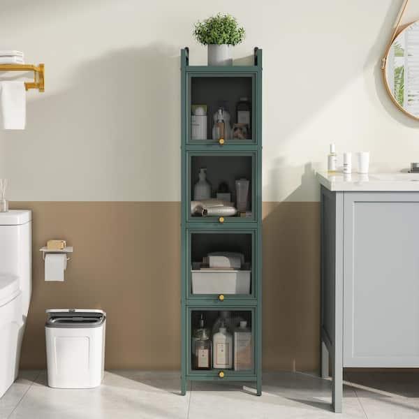 Tileon 4-Tier Freestanding Iron Pantry Storage Cabinet with 3 Flip-up Glass Doors for Dining Room, Kitchen, Bathroom in Green
